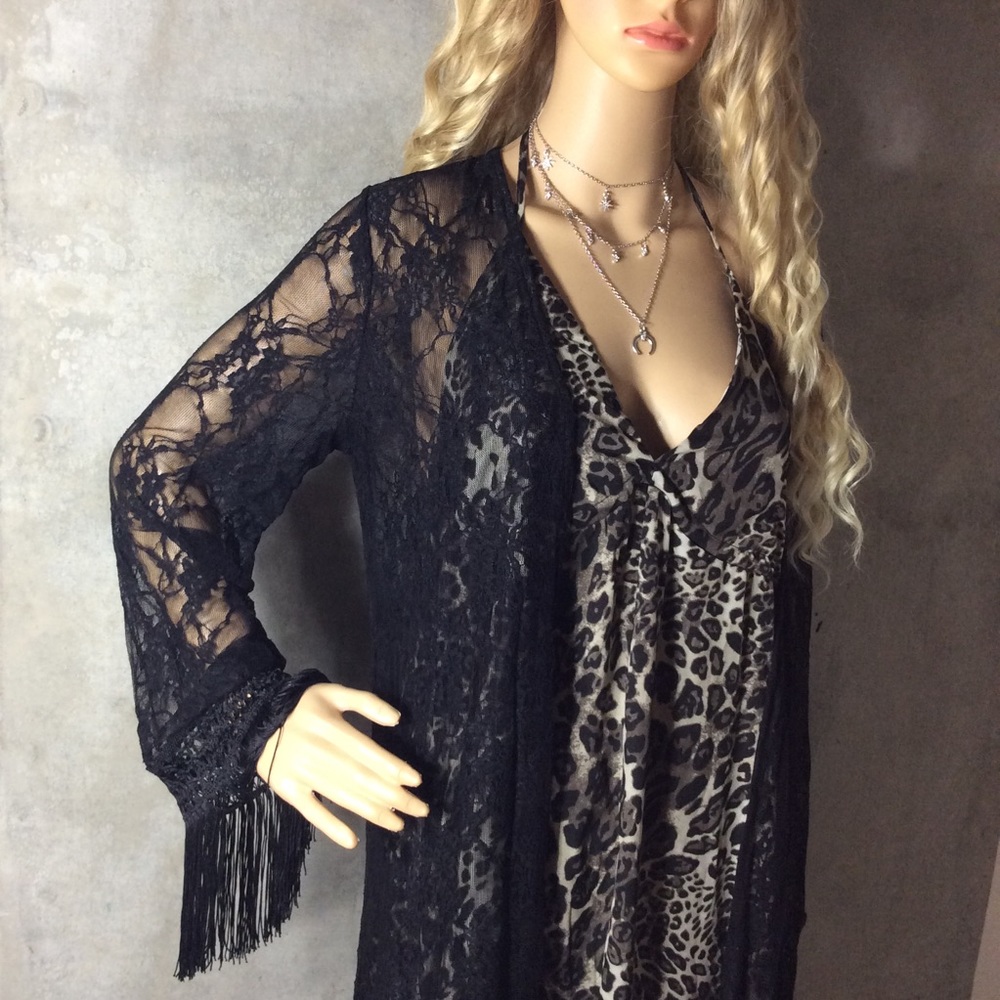 🍒BLACK ROBE FRINGE LACE MAXI CARDIGAN DUSTER LONG - Picture 2 of 6